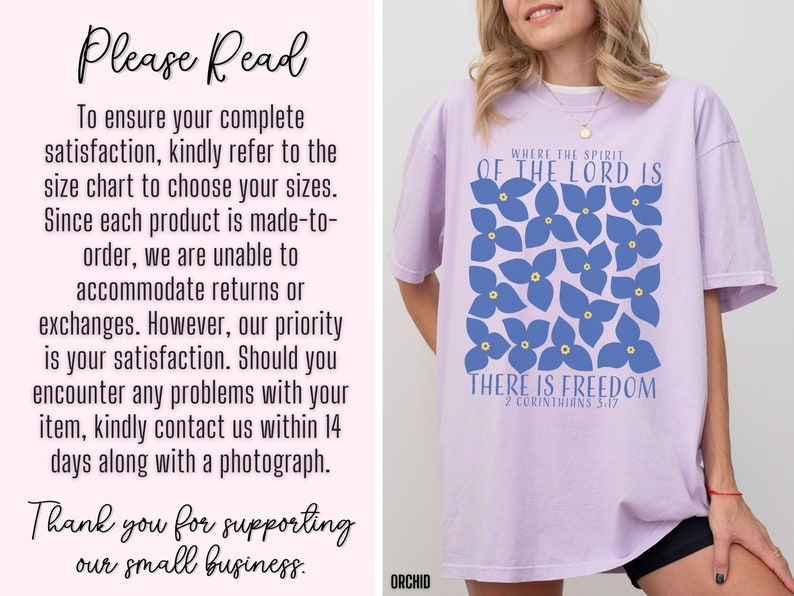 May include: A lavender t-shirt with a blue floral design and the text "Where the Spirit of the Lord is There is Freedom 2 Corinthians 5:17".