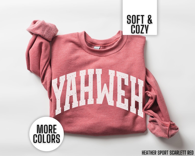 This Gildan Yahweh Crewneck sweatshirt is the perfect Christian gift for a religious woman. It says Yahweh in an athletic vintage font. This minimalist Jesus sweatshirt is perfect for a woman of faith.
