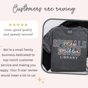 May include: Dark grey sweatshirt with the words "SPECIALS SQUAD LIBRARY" in a colourful, outlined font. The image also includes text that says "Customers are raving" and "Love-good quality and speedy service!"