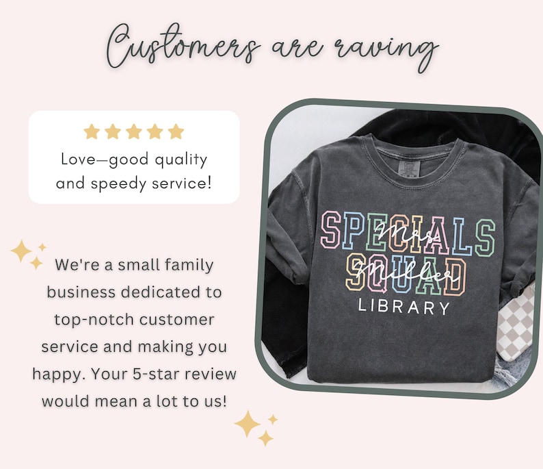 May include: Dark grey sweatshirt with the words "SPECIALS SQUAD LIBRARY" in a colourful, outlined font. The image also includes text that says "Customers are raving" and "Love-good quality and speedy service!"
