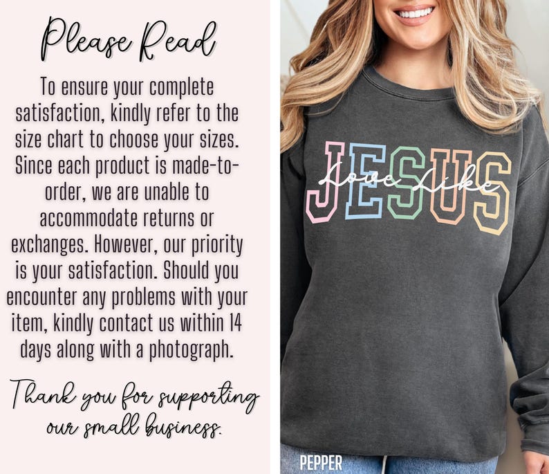 May include: A dark grey sweatshirt with the text "JESUS" in rainbow colours. The text "love like" is written in a smaller font underneath the word "JESUS". The text "PEPPER" is printed on the bottom of the sweatshirt.