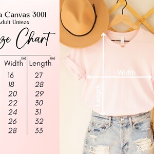 May include: Size chart for Bella Canvas 3001 adult unisex t-shirts. The chart shows the width and length in inches for sizes XS to 3X.
