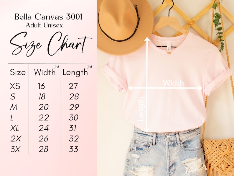 May include: Size chart for Bella Canvas 3001 adult unisex t-shirts. The chart shows the width and length in inches for sizes XS to 3X.