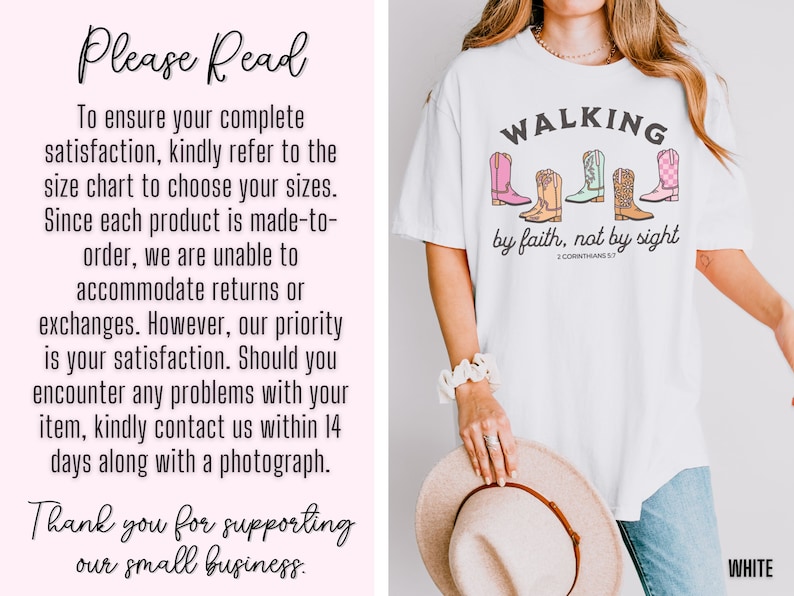Puede incluir: Camiseta blanca con un gr&aacute;fico de botas de vaquero de colores y el texto "WALKING by faith, not by sight 2 CORINTHIANS 5:7".