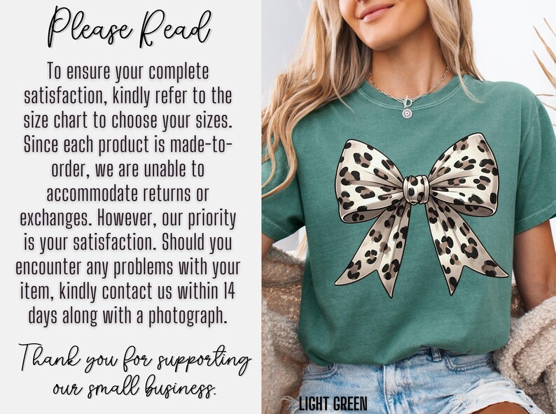Puede incluir: Una camiseta verde claro con un lazo de estampado de leopardo blanco y marr&oacute;n. El texto "Please Read" y "Thank you for supporting our small business." est&aacute; impreso en el lado izquierdo de la imagen. El texto "LIGHT GREEN" est&aacute; impreso en la parte inferior de la imagen.