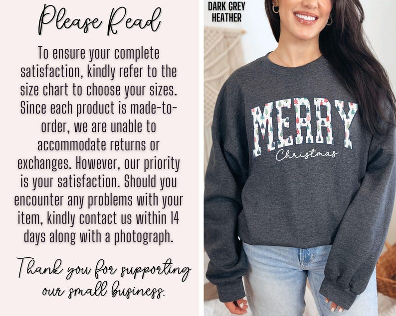 May include: Dark grey heather sweatshirt with a white graphic that says "Merry Christmas" with a pattern of small Christmas trees in red, green, and white.