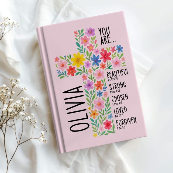 Christian Prayer Journal for Young Girls, Floral Cross Notebook, You Are Bible Verse Affirmations Custom Name Faith Gift for Kids and Tweens