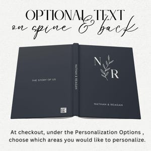 May include: A dark blue hardback book with the text "THE STORY OF US" on the front cover. The spine has the text "NATHAN & REAGAN" and the back cover has the text "NATHAN & REAGAN" and a monogram with the initials "N" and "R" with a leafy design.