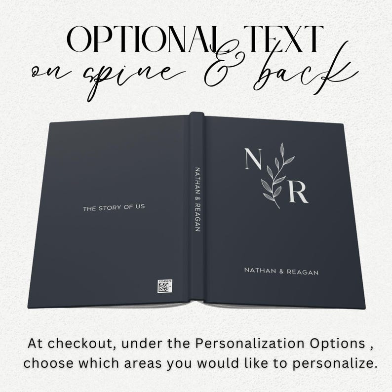 May include: A dark blue hardback book with the text "THE STORY OF US" on the front cover. The spine has the text "NATHAN & REAGAN" and the back cover has the text "NATHAN & REAGAN" and a monogram with the initials "N" and "R" with a leafy design.