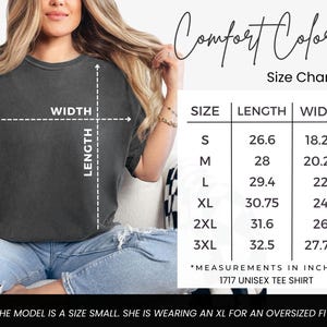 May include: Size chart for a unisex t-shirt in sizes S-3XL. Measurements are in inches. The chart shows the length and width of the shirt for each size. The model is wearing a size XL.