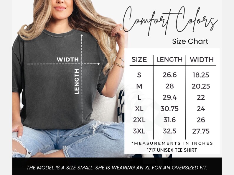 May include: Size chart for a unisex t-shirt in sizes S-3XL. Measurements are in inches. The chart shows the length and width of the shirt for each size. The model is wearing a size XL.