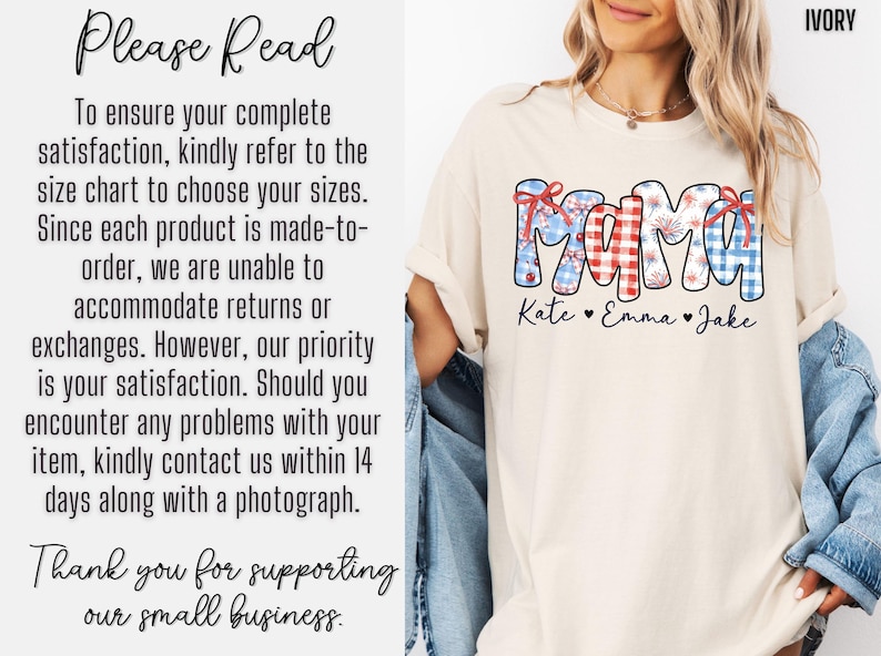 May include: Ivory-colored t-shirt with the word "MAMA" in a patriotic design, featuring red, white, and blue patterns. The names "Kate", "Emma", and "Jake" are below the word "MAMA".