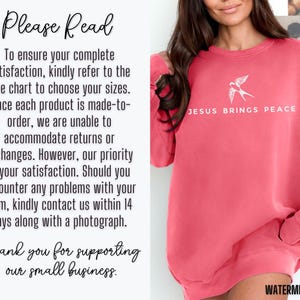 May include: Pink sweatshirt with the text "JESUS BRINGS PEACE" and a small white bird graphic. The text "WATERMELON" is visible at the bottom of the image.