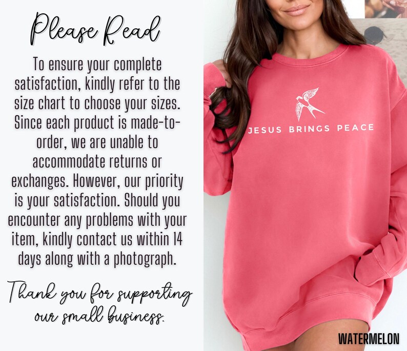 May include: Pink sweatshirt with the text "JESUS BRINGS PEACE" and a small white bird graphic. The text "WATERMELON" is visible at the bottom of the image.