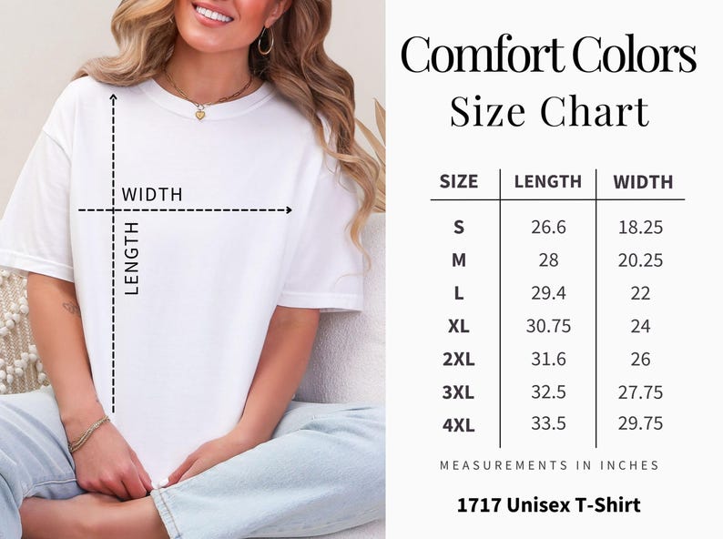 K&ouml;nnte beinhalten: Wei&szlig;es Comfort Colors T-Shirt mit Gr&ouml;&szlig;entabelle. Die Tabelle zeigt die Ma&szlig;e in Zoll f&uuml;r die Gr&ouml;&szlig;en S bis 4XL. Das Shirt ist als 1717 Unisex T-Shirt gekennzeichnet.