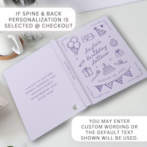 May include: Open, light purple journal with the text "Layla's Birthday Letters" and the date August 20, 2025. The journal has decorative drawings of balloons, gifts, and a cake. The text "Letters to You" is on the spine.
