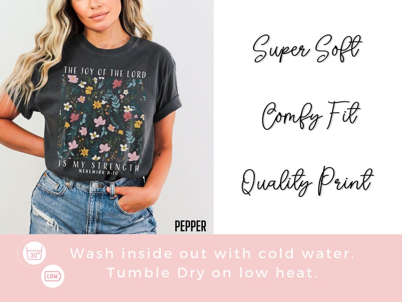 These shirts are super soft, have a comfy fit and the print is top quality. To care for your shirt wash inside out with cold water and tumble dry on low heat.  This pepper color is very popular. Stay trendy while sharing your religion with others.