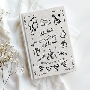 Personalized birthday journal with custom child name and birthday on cover, featuring playful birthday doodles including balloons, cake, and gifts. Hardcover keepsake memory book for writing letters each year. Available in pink, blue, yellow, purple, green, and linen style. Ideal for first birthday, baby shower gift, or kids memory book. Optional spine and back personalization upgrade. Thoughtful gift for new moms, toddlers, and growing children.
