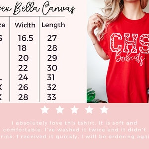 May include: Red Unisex Bella Canvas t-shirt with "CHS Bobcats" in white lettering. The shirt has a size chart with measurements in inches. The shirt is soft and comfortable.