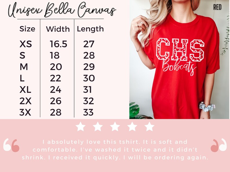 May include: Red Unisex Bella Canvas t-shirt with "CHS Bobcats" in white lettering. The shirt has a size chart with measurements in inches. The shirt is soft and comfortable.
