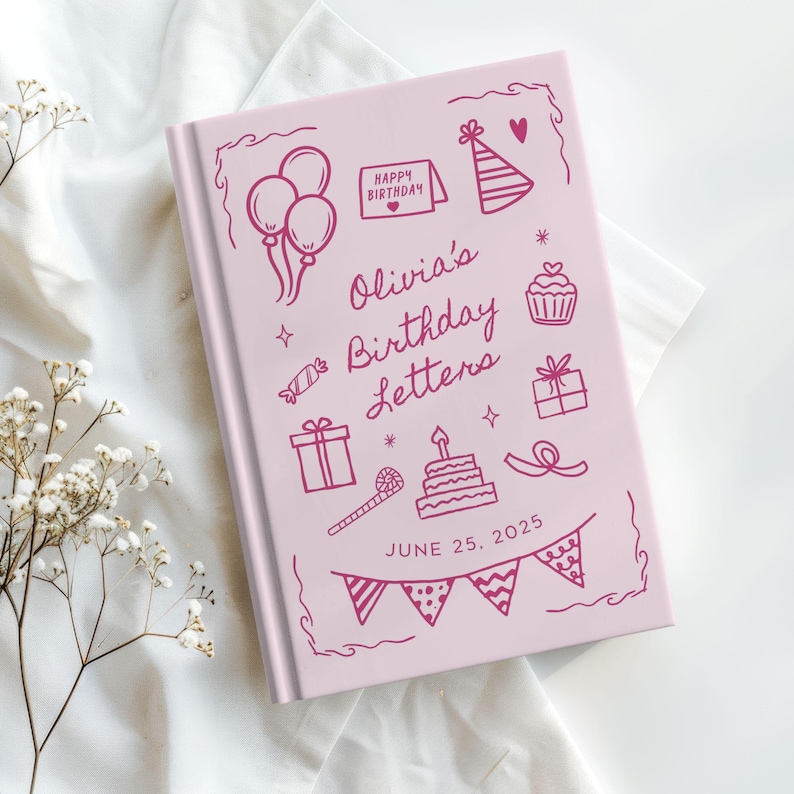 Personalized birthday journal with custom child name and birthday on cover, featuring playful birthday doodles including balloons, cake, and gifts. Hardcover keepsake memory book for writing letters each year. Available in pink, blue, yellow, purple, green, and linen style. Ideal for first birthday, baby shower gift, or kids memory book. Optional spine and back personalization upgrade. Thoughtful gift for new moms, toddlers, and growing children.