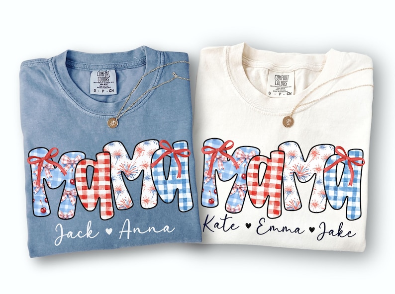 This personalized mama shirt with the kids names is so cute for the 4th of July. This would be perfect for a patriotic Mama to go watch fireworks in or go to a fourth of July celebration in.  This is perfect for an American Mama who wants to represent Independence day.  This custom shirt would make a great summer top for Mom gift.  It comes in 6 beautiful Comfort Colors.