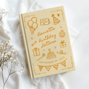 Personalized birthday journal with custom child name and birthday on cover, featuring playful birthday doodles including balloons, cake, and gifts. Hardcover keepsake memory book for writing letters each year. Available in pink, blue, yellow, purple, green, and linen style. Ideal for first birthday, baby shower gift, or kids memory book. Optional spine and back personalization upgrade. Thoughtful gift for new moms, toddlers, and growing children.