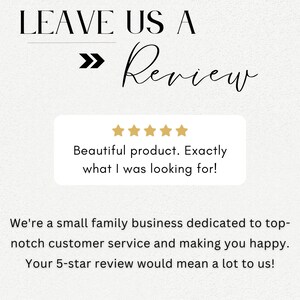 Pu&ograve; includere: Immagine con il testo "LEAVE US A Review". Viene mostrata una recensione del cliente con cinque stelle d'oro e il testo "Beautiful product. Exactly what I was looking for!"
