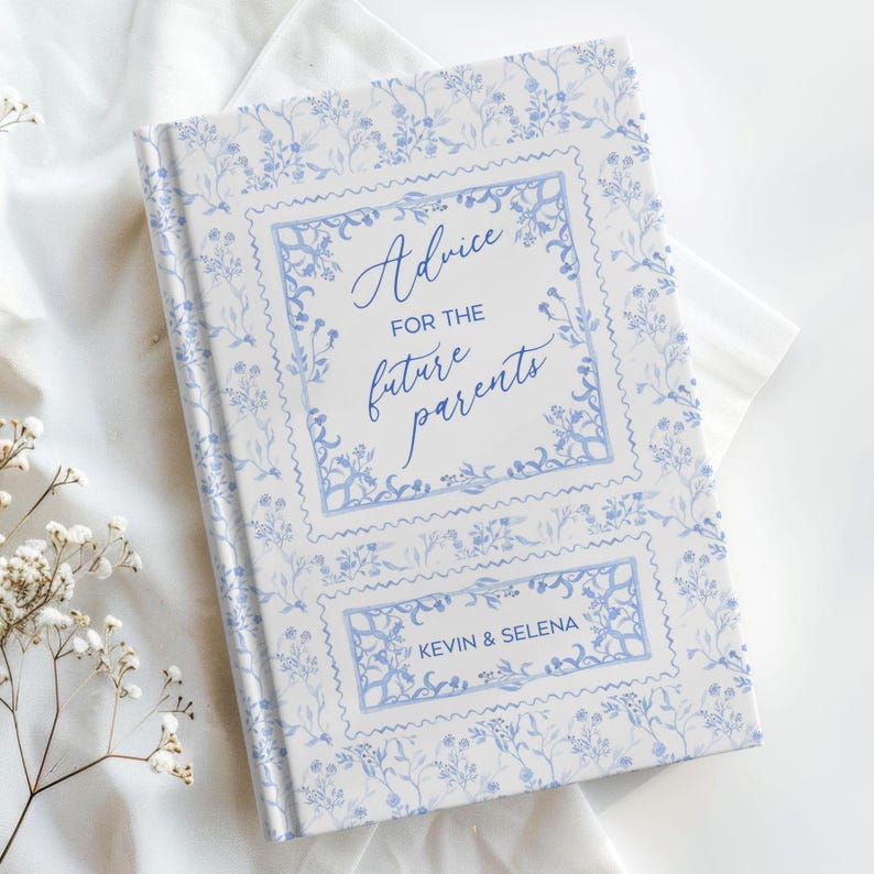 This personalized baby shower journal is a perfect keepsake for new parents, designed to collect advice and well wishes. Featuring a beautiful toile de Jouy or chinoiserie pattern, the journal comes in soft pink and blue options, making it ideal for both baby boy and baby girl showers. Customizable with the parents' names, it serves as a thoughtful and unique sign-in book, capturing cherished memories and heartfelt messages from friends and family. A timeless treasure for any baby shower.