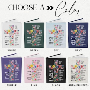 May include: A selection of journals in various colors, each featuring a floral cross design and the words "You Are... Beautiful, Strong, Chosen, Loved, Forgiven." The journals are labeled with names and colors like White, Green, Sky, and Navy.