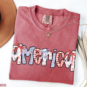 May include: A red t-shirt with the word "america" written in a colorful patchwork style. The letters are decorated with red, white, and blue gingham, fireworks, and bows. The shirt is made by Comfort Colors.