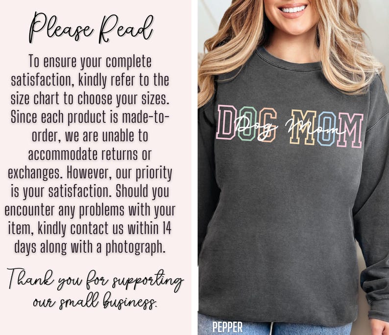 May include: A dark gray sweatshirt with the text "DOG MOM" in rainbow colors. The text is in a bold, outlined font.