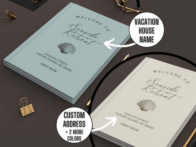May include: Two light blue and beige guest books with a seashell design and the text "Welcome to Seaside Retreat" and "Vacation House Name". The address "1316 5th Street, Topsail Island, NC 28445" is printed on both books.