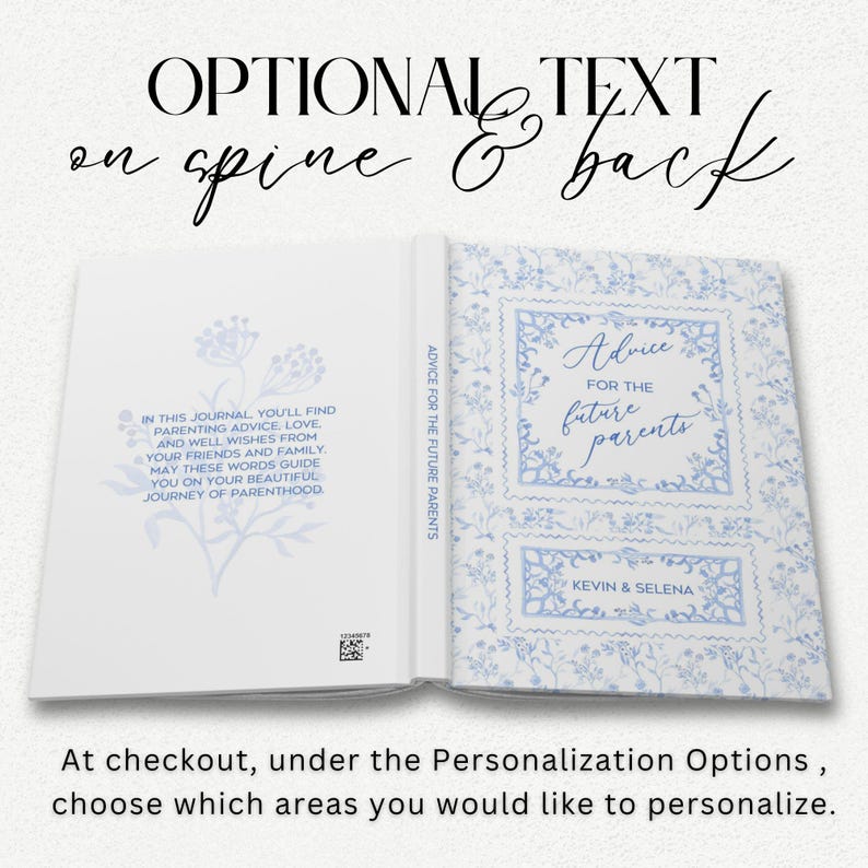 Op de afbeelding: Een blauw en wit dagboek met een bloemenpatroon en de tekst "Advice for the future parents" op de omslag. De rug van het dagboek heeft de tekst "Advice for the future parents" en de tekst "In this journal you'll find parenting advice, love and well wishes from your friends and family. May these words guide you on your beautiful journey of parenthood."