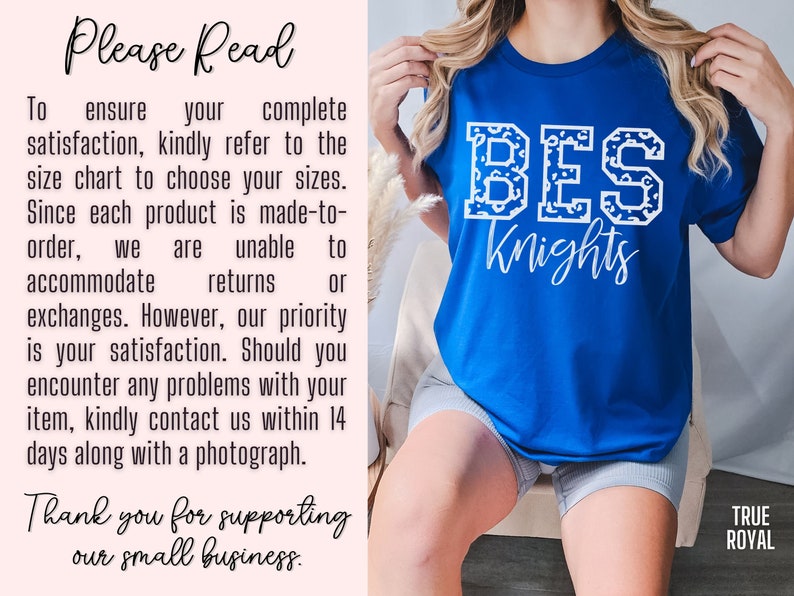 May include: Royal blue t-shirt with the text "BES Knights" in white, featuring a leopard print pattern within the letters. The shirt is made of a soft material. The text "TRUE ROYAL" is in the bottom right corner.