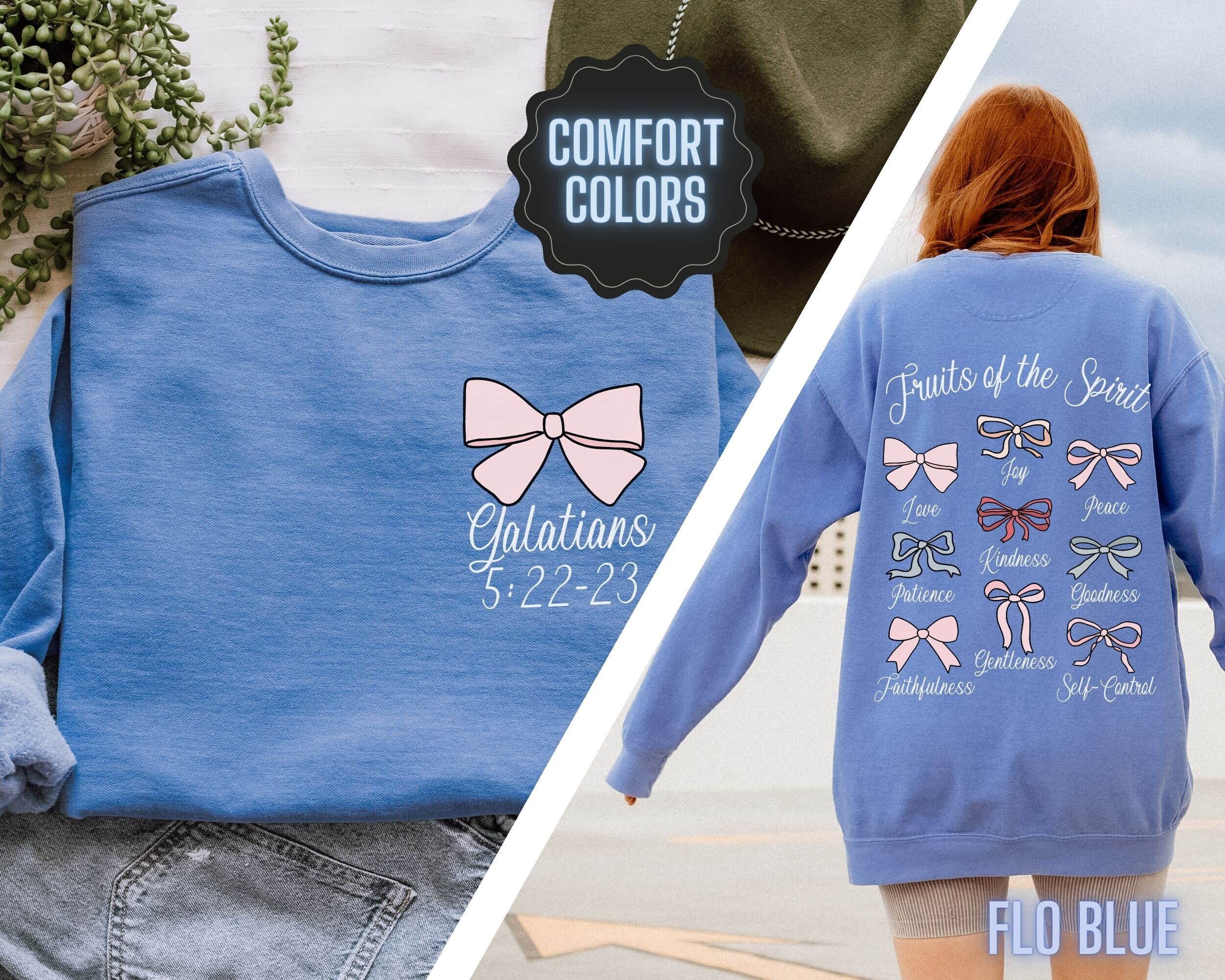 Christian Shirts for Women Fruit of the Spirit Bible Verse Tshirt Coquette Clothing Preppy Pink Bow Sweatshirt Teenage Girl Gifts for Her