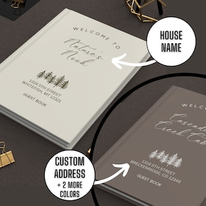 Op de afbeelding: Twee gastenboeken met een bosmotief. Het boek links is wit met gouden letters en de tekst "Welkom bij Nature's Nook". Het boek rechts is bruin met witte letters en de tekst "Welkom bij Cascading Creek Cabin". Beide boeken hebben een boomgraphic en het adres en "Gastenboek" gedrukt op de voorkant.