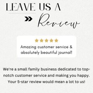 Może przedstawiać: Pięciogwiazdkowa recenzja z tekstem "Amazing customer service & absolutely beautiful journal!"  Zostaw nam recenzję. Jesteśmy małym rodzinnym biznesem, kt&oacute;ry stawia na najwyższej jakości obsługę klienta i zadowolenie naszych klient&oacute;w. Twoja 5-gwiazdkowa recenzja będzie dla nas bardzo ważna!