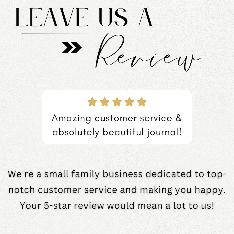 Może przedstawiać: Pięciogwiazdkowa recenzja z tekstem "Amazing customer service & absolutely beautiful journal!"  Zostaw nam recenzję. Jesteśmy małym rodzinnym biznesem, kt&oacute;ry stawia na najwyższej jakości obsługę klienta i zadowolenie naszych klient&oacute;w. Twoja 5-gwiazdkowa recenzja będzie dla nas bardzo ważna!