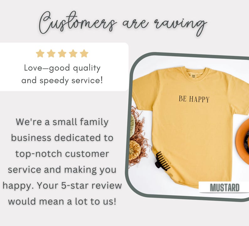 May include: A yellow t-shirt with the text "BE HAPPY" printed on the front. The shirt is laying flat on a white surface with a few decorative items around it. The text "MUSTARD" is printed in the bottom right corner of the image.