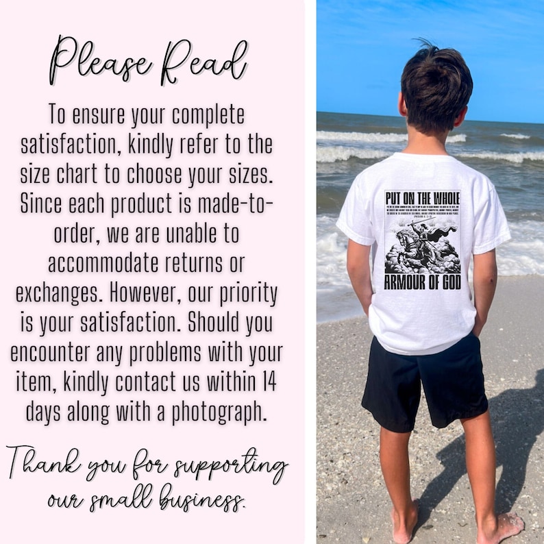 May include: White t-shirt with black text that reads "Put on the whole armour of God". The text is surrounded by a black graphic of a knight on horseback. A young person is wearing the shirt and standing on a sandy beach.
