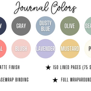 K&ouml;nnte beinhalten: Eine Farbkarte mit zehn verschiedenen Farben f&uuml;r ein Journal. Die Farben sind marineblau, grau, staubiges Blau, oliv, meeresgr&uuml;n, koralle, blush, lavendel, senf und perlmutt. Das Journal hat 150 linierte Seiten (75 Bl&auml;tter), eine matte Oberfl&auml;che, eine Casewrap-Bindung und einen vollst&auml;ndigen Rundumdruck.