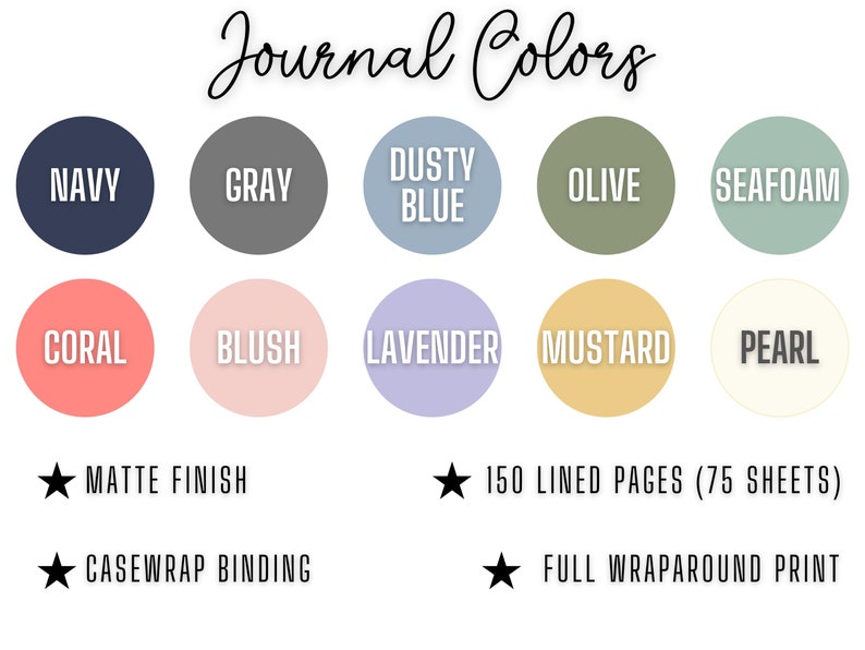 K&ouml;nnte beinhalten: Eine Farbkarte mit zehn verschiedenen Farben f&uuml;r ein Journal. Die Farben sind marineblau, grau, staubiges Blau, oliv, meeresgr&uuml;n, koralle, blush, lavendel, senf und perlmutt. Das Journal hat 150 linierte Seiten (75 Bl&auml;tter), eine matte Oberfl&auml;che, eine Casewrap-Bindung und einen vollst&auml;ndigen Rundumdruck.