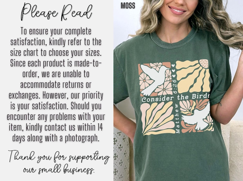 Op de afbeelding: Een groen T-shirt met een grafische print van een witte duif en bloemen. De tekst "Consider the Birds" en "Matthew 6:26" staat op het T-shirt gedrukt.