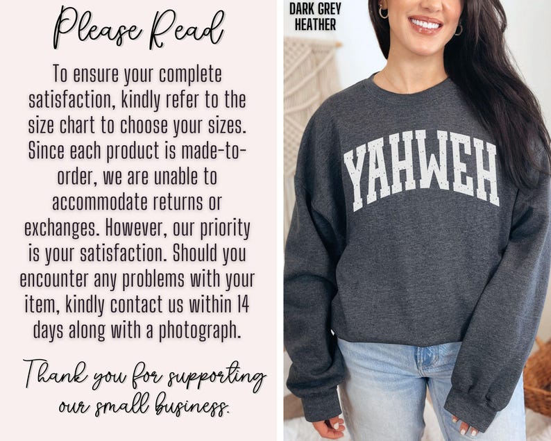 May include: Dark grey heather sweatshirt with the word "YAHWEH" in white arched lettering. The text "DARK GREY HEATHER" is at the top. The sweatshirt is worn by a person wearing blue jeans.