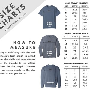 May include: Size chart for unisex t-shirts and sweatshirts in various colors. The chart shows measurements in inches for width and length, with sizes ranging from S to 4X. The chart includes short sleeve, long sleeve, and sweatshirt styles.