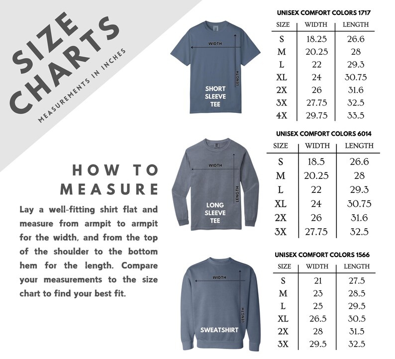 May include: Size chart for unisex t-shirts and sweatshirts in various colors. The chart shows measurements in inches for width and length, with sizes ranging from S to 4X. The chart includes short sleeve, long sleeve, and sweatshirt styles.