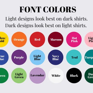 Puede incluir: Una tabla de colores que muestra dieciocho muestras circulares con las etiquetas: Yellow/Gold, Orange, Red, Maroon, Hot Pink, Light Pink, True Blue, Purple, Light Blue, Navy Blue, Teal, Turquoise, Green, Light Green, Lavendar, White, Black y Dark Green.
