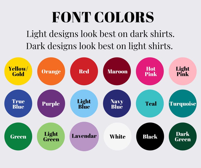 Puede incluir: Una tabla de colores que muestra dieciocho muestras circulares con las etiquetas: Yellow/Gold, Orange, Red, Maroon, Hot Pink, Light Pink, True Blue, Purple, Light Blue, Navy Blue, Teal, Turquoise, Green, Light Green, Lavendar, White, Black y Dark Green.