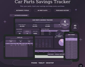Car Parts Savings Tracker | Dark Mode Google Sheets Build Planner